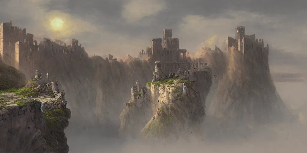 Prompt: A detailed matte painting of a massive ruined castle on the top of a cliff, inhabited by vampires, trending on artstation by Ivan Aivazovsky and studio Ghibli, at dusk, concept art, frontal view illustration, trending on artstation, very detailed