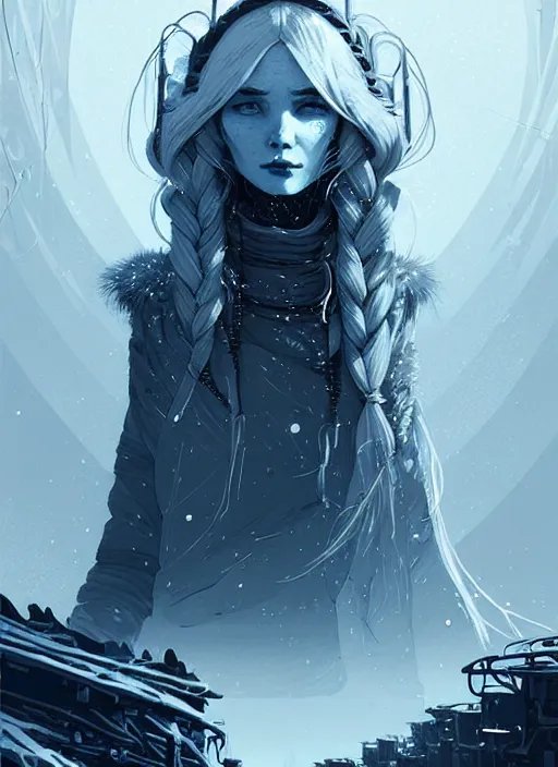 Image similar to highly detailed portrait of a frostpunk long blonde hair lady tribal lady, stray wiring by atey ghailan, james gilleard, by joe fenton, by greg rutkowski, by greg tocchini, by kaethe butcher, 4 k resolution, gradient blue, black and white color scheme!!! ( ( glaciated robotic dystopian city background ) )