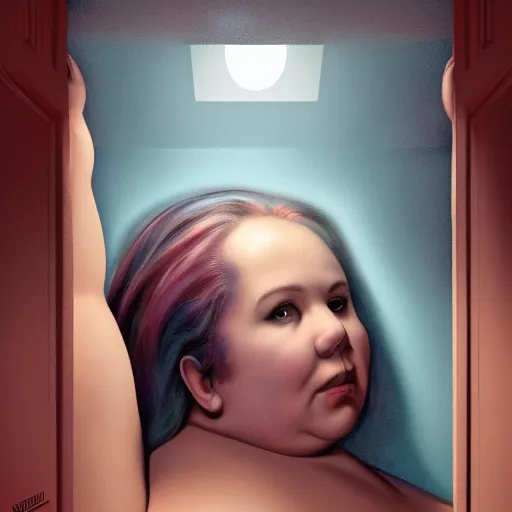 Image similar to the huge fat woman's head is on the in the closet, hiding from the darkness. medium shot. beautiful colors, great lighting. fantastic movie scene. subsurface scattering shiny skin. beautiful lighting, 4 k post - processing, trending in art station, cg society, highly detailed, 5 k extremely detailed, 3 d. cinematic scene. sharp image.