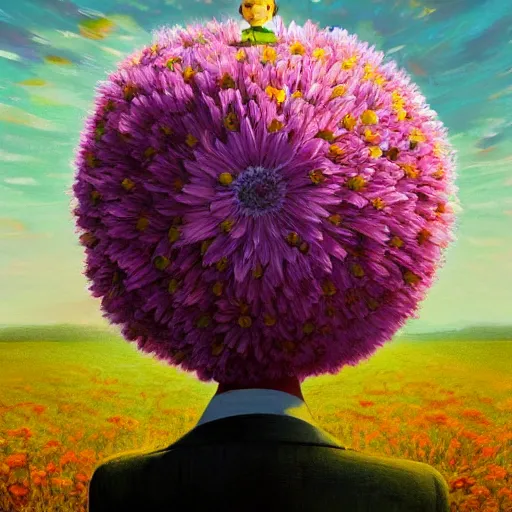 Prompt: huge daisy flower head, frontal, girl in a suit, surreal photography, sunrise, dramatic light, impressionist painting, digital painting, artstation, simon stalenhag