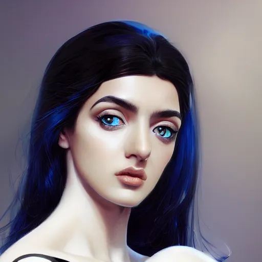 Image similar to greek ameera al taweel , blue eyes, black hair, beautiful face, white viel, Hyper-realistic, Highly Detailed, HD, by Brom, by beeple, studio ghibli, wallpaper, highly detailed, trending on artstation