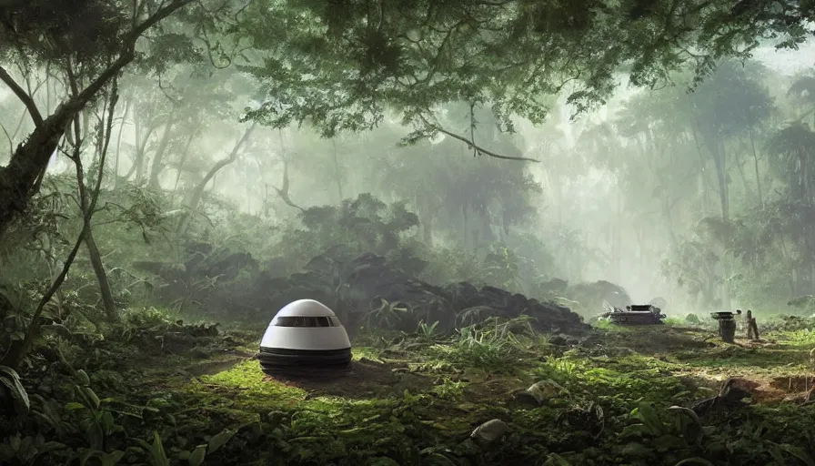 Prompt: a beautiful painting of an archaeological excavation of a smoking crashed ufo, in a lush jungle, ray traced lighting by kalin popov and greg rutkowski