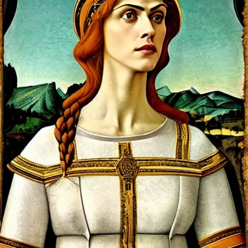 Prompt: alexandra daddario as joan of ark, elegant portrait by sandro botticelli, detailed, symmetrical, intricate