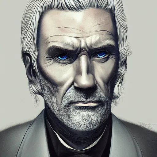 Image similar to old greying flowing hair handsome man with high collar fantasy, symmetrical beautiful, portrait, painting, trending on artstation