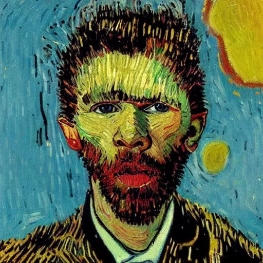 Prompt: portrait of an artificial intelligence painting by Vincent van Gogh klimt Jean-Michel Basquiat