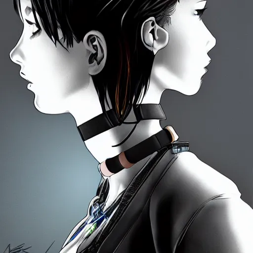 Prompt: female character cyberpunk wearing technological collar around neck, realistic, art, beautiful, 4K, collar, choker, collar around neck, punk, artstation, detailed, female, woman, choker, dark,