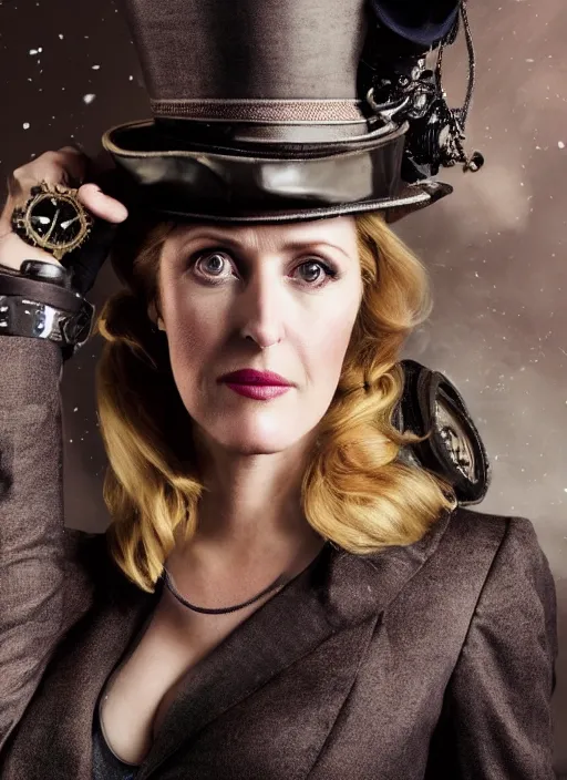 Image similar to closeup portrait of a steampunk gillian anderson wearing a top hat and goggles, depth of field, zeiss lens, detailed, symmetrical, centered, fashion photoshoot, by Annie Leibovitz and Steve McCurry, David Lazar, Jimmy Nelsson, Breathtaking, 8k resolution, extremely detailed, beautiful, establishing shot, artistic, hyperrealistic, beautiful face, octane render