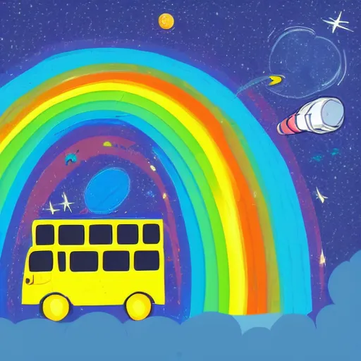 Prompt: a bus riding a rainbow in space, cartoon art, colorful