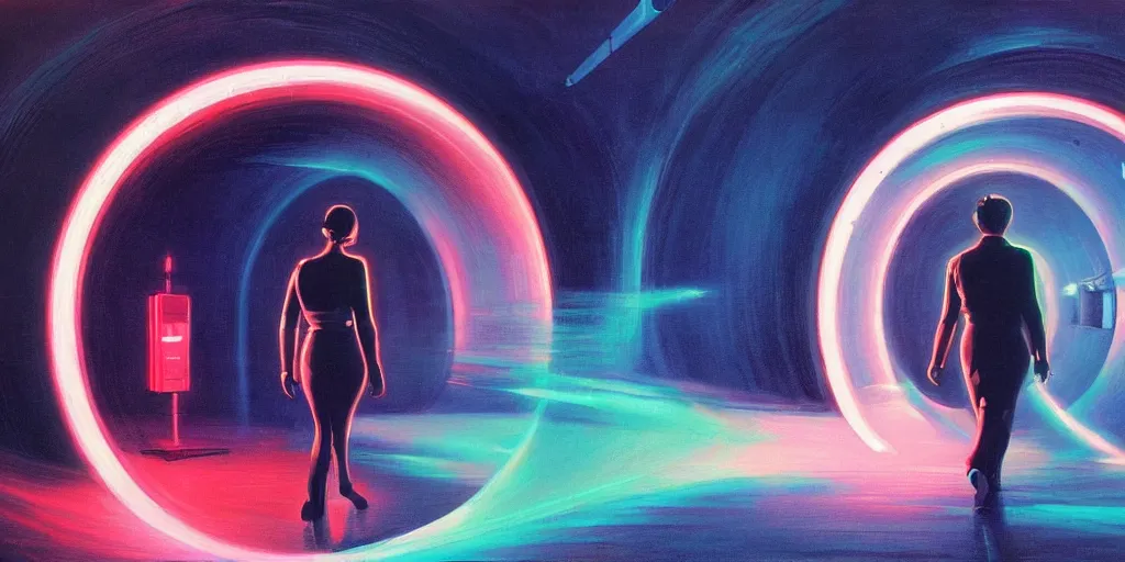 Prompt: a beautiful painting of a person walking out of a stargate by syd mead 8 k particulate neon light film grain