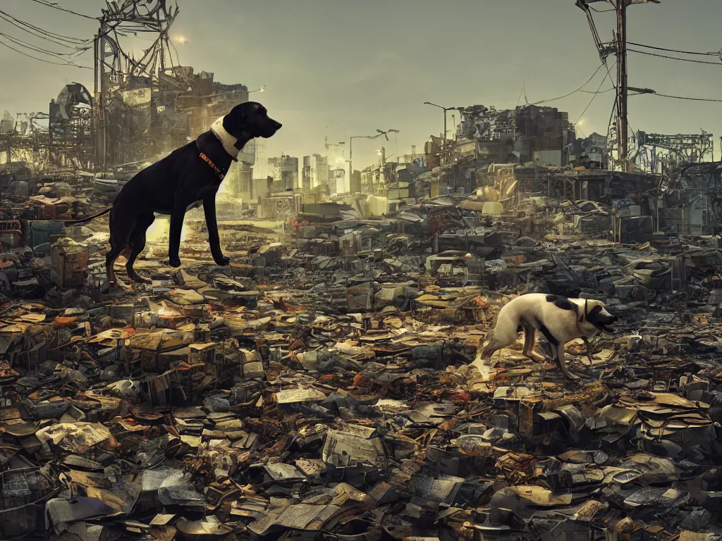 Prompt: dog on stealth mission through scrapyard at the edge of gigantic mini facitility, night time, cinematic lighting, octane render, ralph steadman, low poly