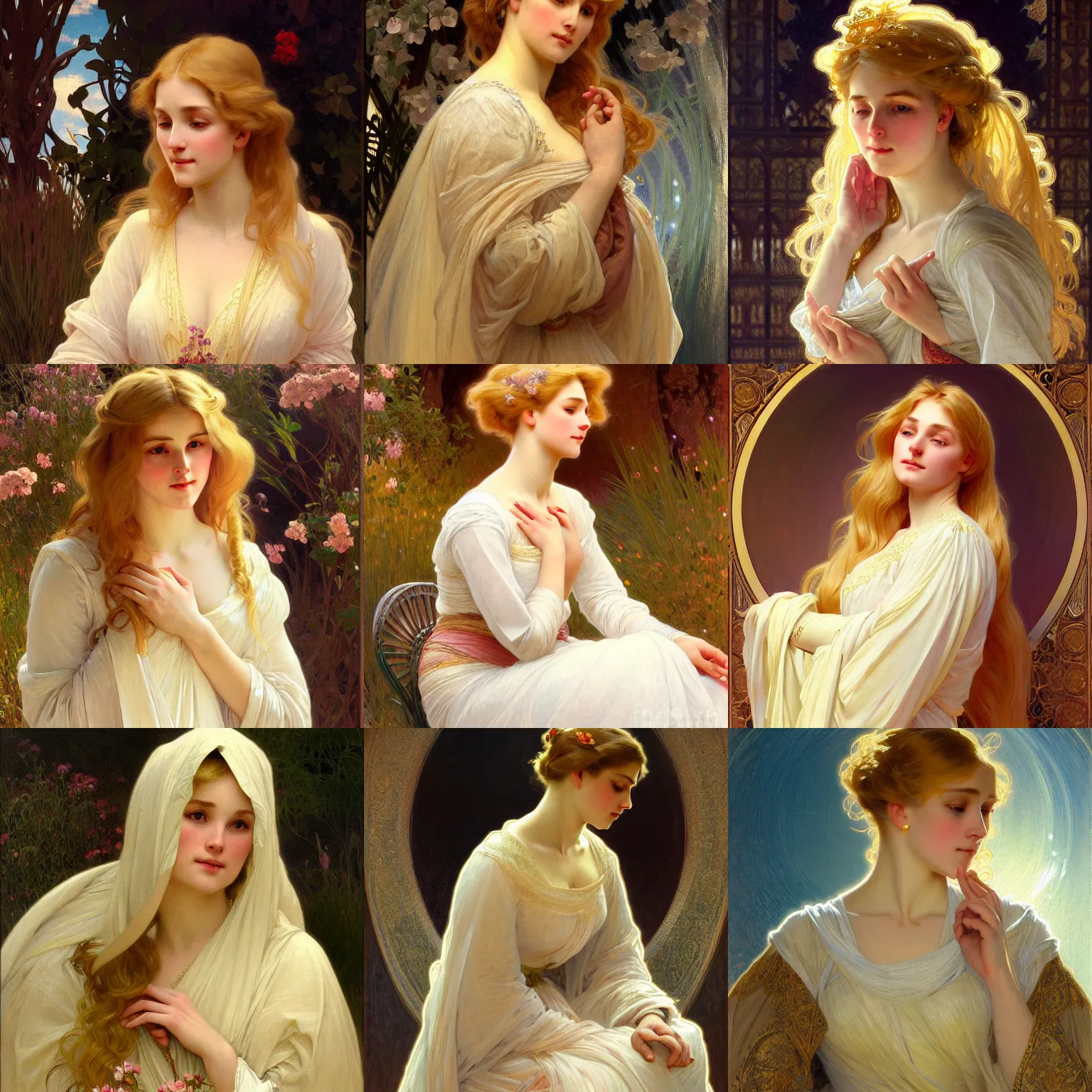 Prompt: painted portrait of a modest wife blessed by god with ever - increasing intelligence beauty and virtue. blonde, modest voluptuous holy body, light effect. feminine, powerful, in clothes! intricate, elegant, highly detailed, digital painting, artstation, concept art, smooth, sharp focus, illustration, art by gaston bussiere and alphonse mucha