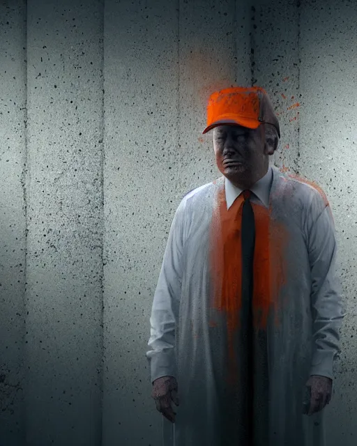 Image similar to a head and shoulders portrait of Donald trump wearing orange prison clothing holding a bible standing in a filthy concrete jail In a maximum security prison, dimly lit, volumetric lighting,, craig mullins octane, 8k,