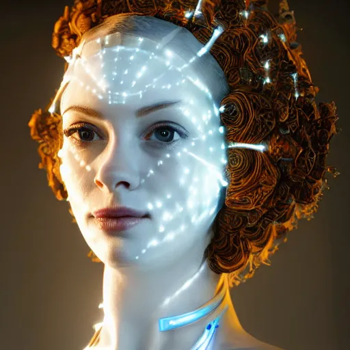 Image similar to beautiful centered Fine art photo portrait of delighted Christina Hendricks as a solarpunk robotic humanoid, white mechanical parts with led lights, photorealistic, white background, highly detailed and intricate, sun lighting, HDR 8k