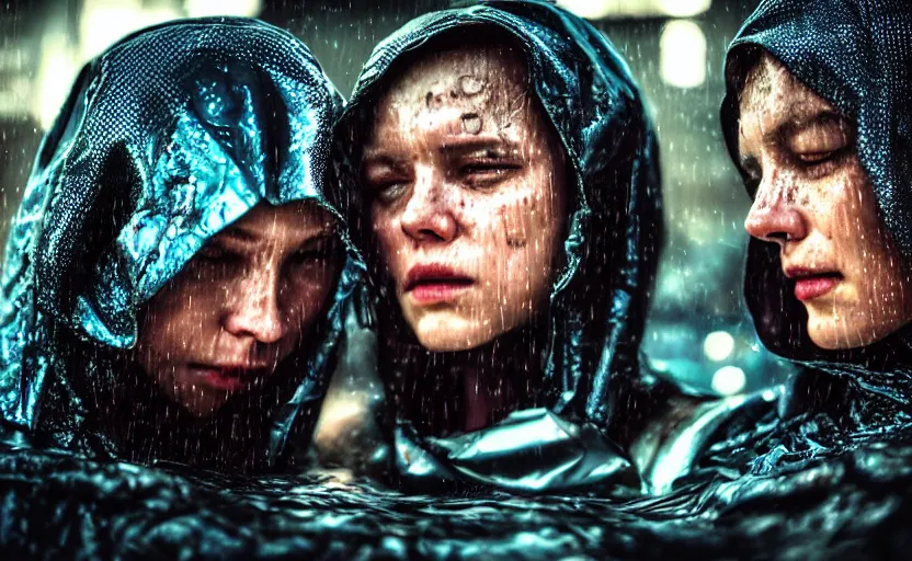 Image similar to cinestill 5 0 d candid photographic portrait by steve mccurry of two loving female androids sobbing wearing rugged black mesh techwear in treacherous waters, flooded city, medium closeup, retrofuturism cyberpunk moody emotional cinematic, pouring iridescent rain bright spotlight helicopter, 8 k, hd, high resolution, 3 5 mm, f / 3 2, ultra realistic faces, ex machina