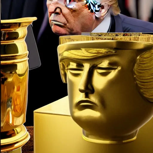 Prompt: candid color photo of Donald Trump hiding from the fbi behind a gold vase, accurate faces, 4k photo