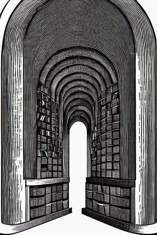 Prompt: symmetrical spiraling tunnel of bookshelves, art by james o barr and albrecht durer, surreal woodcut engraving, black and white, vector, vector art