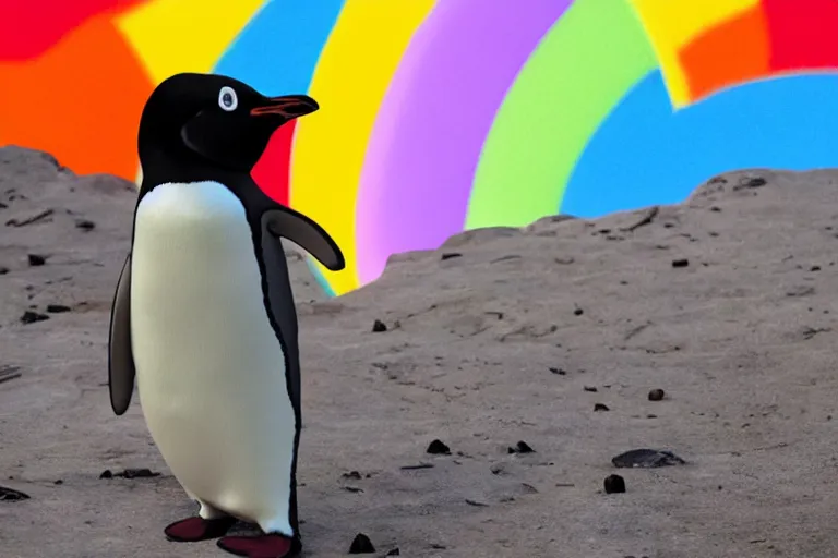 Image similar to a cinematic photo of a penguin, rainbow, lemonade, masterpiece