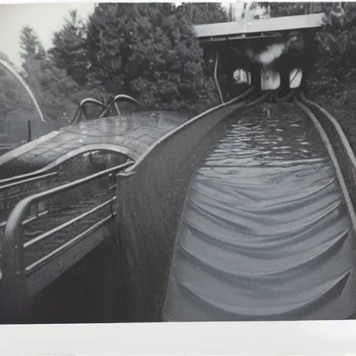 Prompt: 1 9 9 0 s vintage polaroid photograph of a log flume going down a slide making a big splash, during the day, crowd of people getting splashed with water, weathered image artifacts