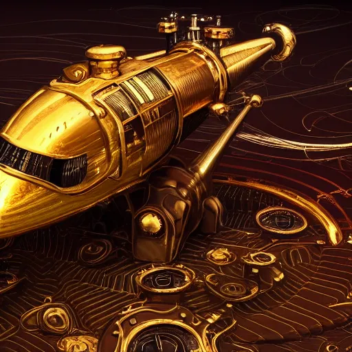 Image similar to steampunk spaceship gold black and rose, shiny golden, studio light, 4 k, highly detailed, black background, light on top