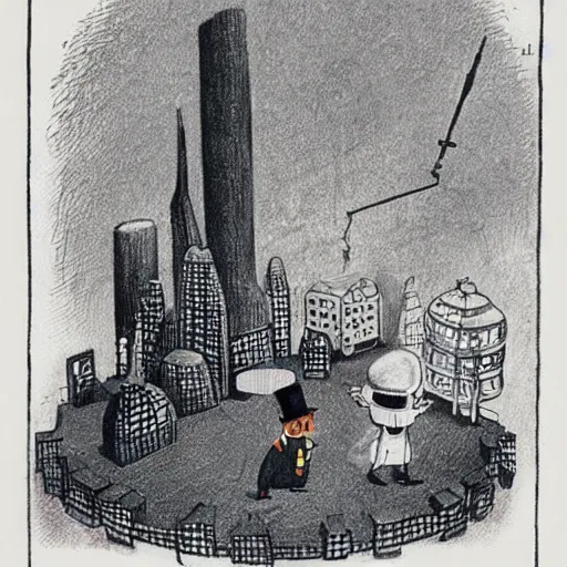 Prompt: An old, wizened man wearing a low top hat with a miniature futuristic city on top by Maurice Sendak