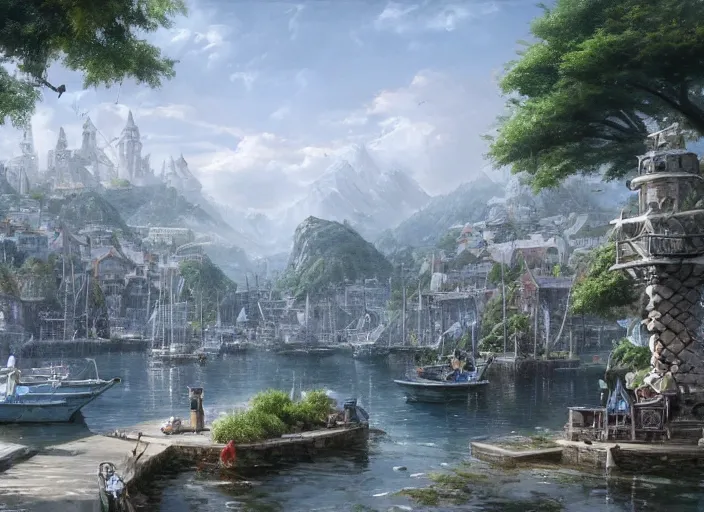 Prompt: A fishing port near the ocean in a beautiful elven city made of white marble, anime, lush trees, fountain, sailboats, fishing boats, warships, a fantasy digital painting by Greg Rutkowski and James Gurney, trending on Artstation, highly detailed