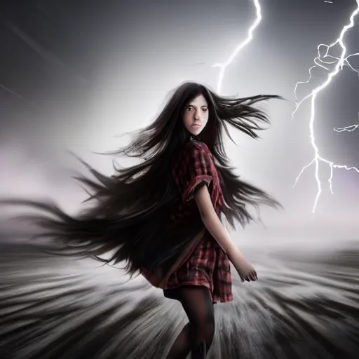 Image similar to mysterious young girl child with her long black hair dressed in a chequered robe, mysterious young girl is walking in strong wind and lightning storm, epic scene, atmospheric, surrounded by magical light, digital art, hd, 4 k, hyper detailed