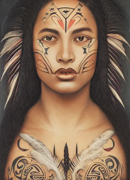 Prompt: portrait of beautiful young angelic Maori female model, with facial tattoo, wearing Huia feathers bright moonlight, irises reflect the stars C F Goldie, Gottfried Lindauer. Hine-nui-te-pō, Moko kauae, Niwareka, Aotearoa,