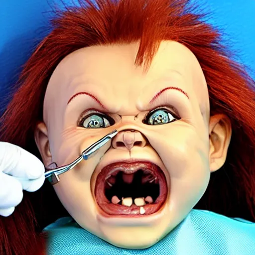Image similar to chucky doll screaming at the dentist office while getting teeth cleaned
