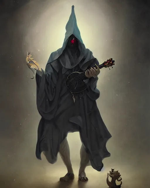 Image similar to baroque portrait of a shadowy man wearing a hooded cloak, playing a magical mandolin, gallery art by peter mohrbacher, artstation, artgate