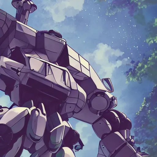 Image similar to close up pilot, looking up at giant mech, forest, key art, sharp lines, towering above a small person, aesthetic, anime, trigger, shigeto koyama, hiroyuki imaishi