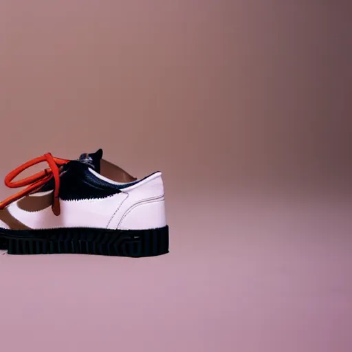 Image similar to a studio photoshoot of Nike sneakers designed by Virgil Abloh, leather and suede, Off-White, realistic, color film photography by Tlyer Mitchell, 35 mm, graflex