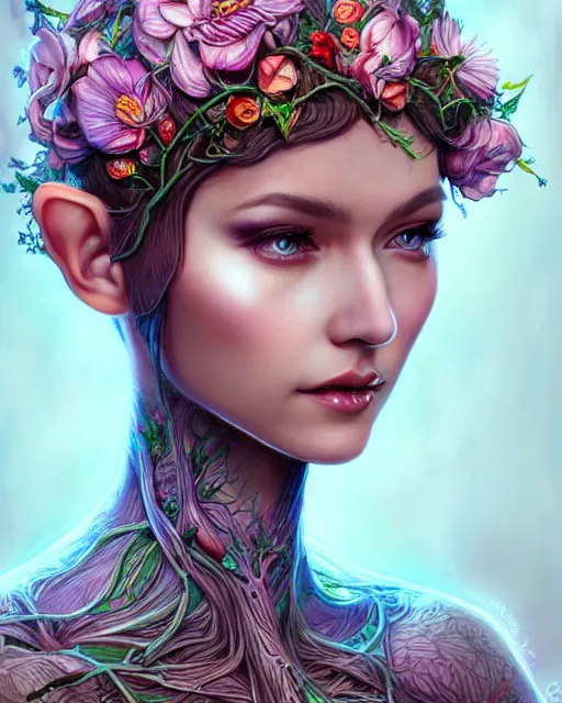 Image similar to digital art, centered head of elven bride with short hair, vivid flower crown ,body made with intricate roots, by James Jean and by artgerm, by ross tran , ultradetailed, charachter design, concept art, trending on artstation,