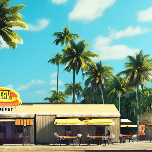 Prompt: fast food restaurant with palm trees, concept art, octane render