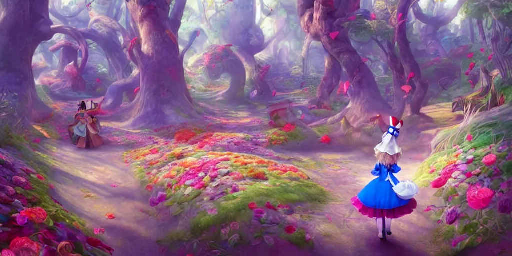 Prompt: Alice, Alice in wonderland, colorful, wide angle, super highly detailed, professional digital painting, artstation, concept art, smooth, sharp focus, no blur, no dof, extreme illustration, Unreal Engine 5, Photorealism, HD quality, 8k resolution, cinema 4d, 3D, beautiful, cinematic, art by artgerm and greg rutkowski and alphonse mucha and loish and WLOP