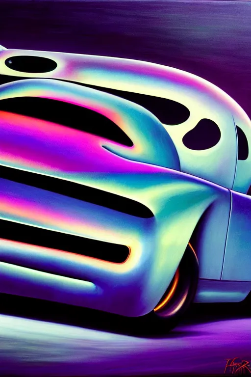Image similar to a hyperrealistic detailed painting of a super futuristic iridescent halloween hotrod race car. cinematic lighting, depth perspective, depth of field, cinematic angle, by chris cunningham and richard corben, highly detailed, vivid color,