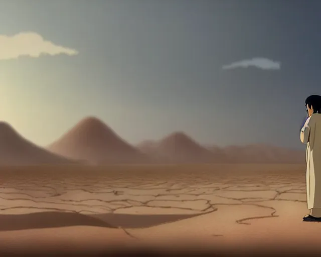 Prompt: an arab man in the desert with a storm, makoto shinkai, loish, studio ghibli