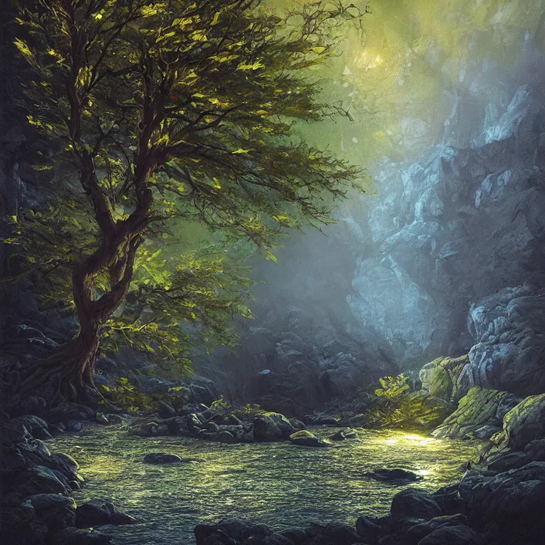 Image similar to A beautiful, highly detailed, very realistic oil painting of a single tree with rainbow leaves, next to a small river, glowing bright blue in the middle of a huge, very dark cave, with lots of dark grey rocks, oil painting by Greg Rutkowski, golden color scheme.