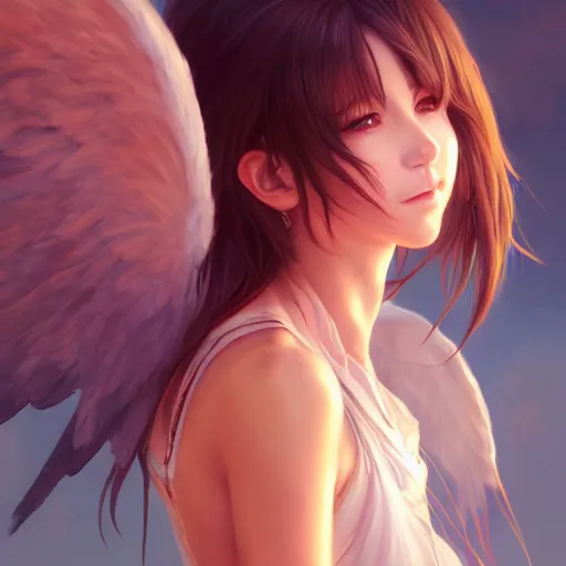 Image similar to an oil painting of a beautiful anime girl with angel wings, by artgerm, wlop and greg rutkowski, hd, hdr, ue 5, ue 6, unreal engine 5, cinematic 4 k wallpaper, 8 k, ultra detailed, high resolution, artstation, award winning