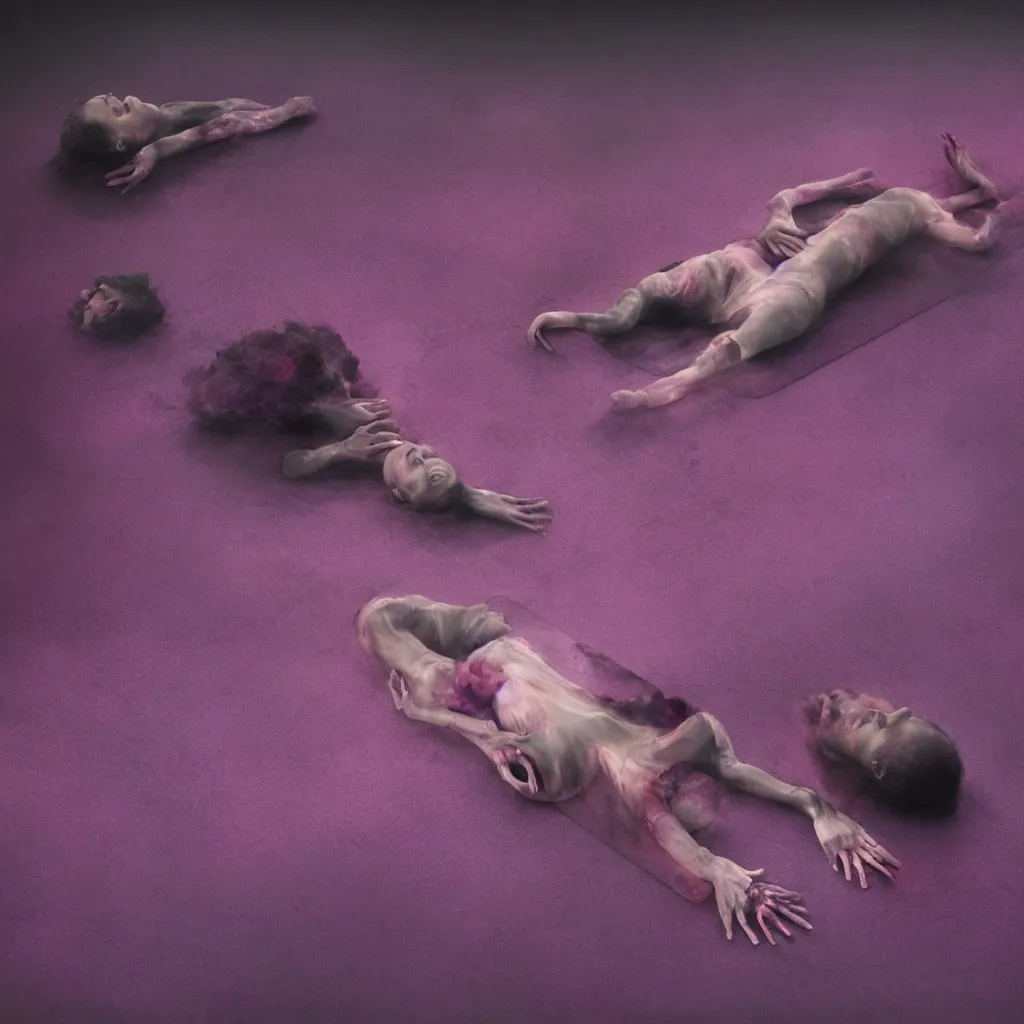 Prompt: iridiscent oil spill with women corpses connected by cables and computers to wax forms to a buried baby relaxing on yoga mat, faded, purple and red gradient, dust, purple fog, depth of field, by nadav kander and hans bellmer, 8 k, ultrarealistic, sad atmosphere, cinematic, 8 5 mm lens