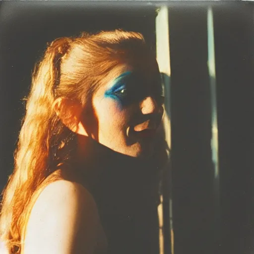 Image similar to a polaroid portrait of a beautiful woman wearing clown makeup, lit from behind, sunshine, golden hour, heavy film grain, color bleed