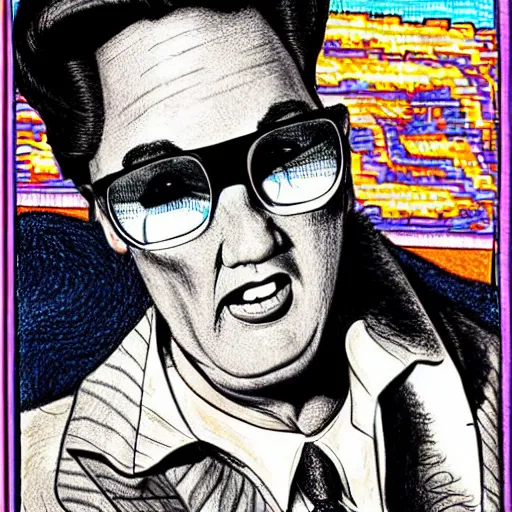 Prompt: The Artwork of R. Crumb and his Cheap Suit Elvis Impersonator, pencil and colored marker artwork, trailer-trash lifestyle