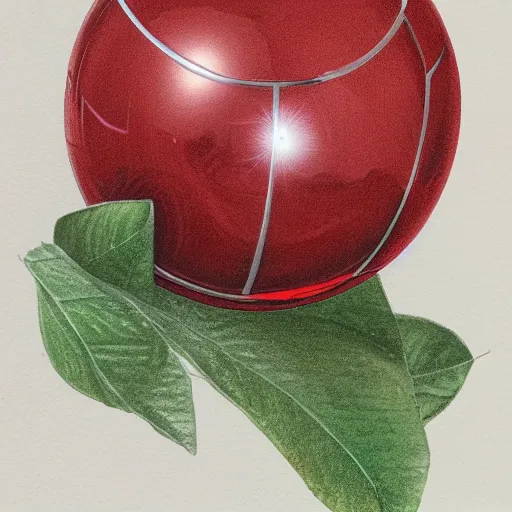 Prompt: chrome spheres on a red cube, botanical illustration