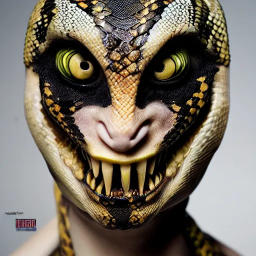 Prompt: a demon inspired by snakes created by the make up artist hungry, photographed by andrew thomas huang, cinematic, expensive visual effects