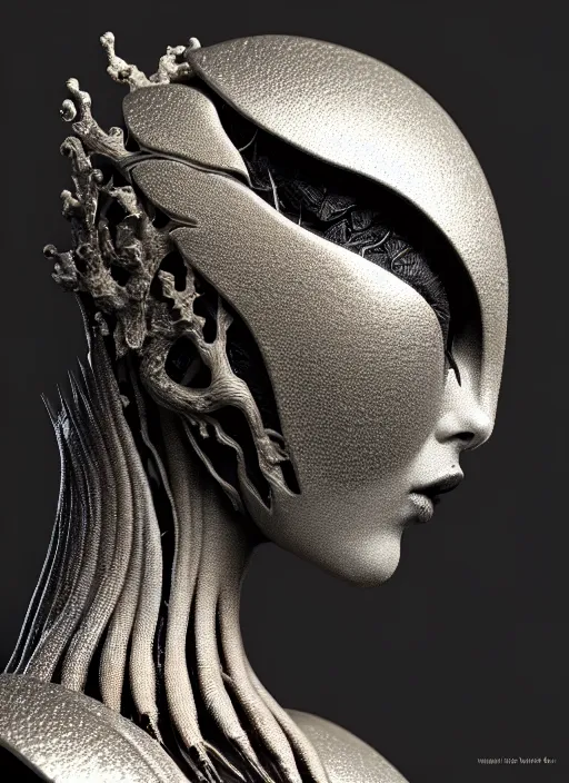 Image similar to bw contrasted close - up profile face, black background, beautiful young porcelain vegetal - dragon - cyborg - female, 1 5 0 mm, beautiful natural soft rim light, silver gold details, magnolia leaves and stems, roots, mandelbot fractal, elegant, ultra detailed, white metallic armour, octane render, h. r. giger style