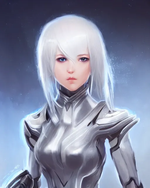 Image similar to perfect white haired girl, warframe armor, beautiful, dreamy, portrait, highly detailed, digital painting, trending on artstation, concept art, sharp focus, illustration, pretty face, blue eyes, scifi platform, front lit, laboratory, experiment, masterpiece, art by masayoshi tanaka, akihiko yoshida, kazuya takahashi