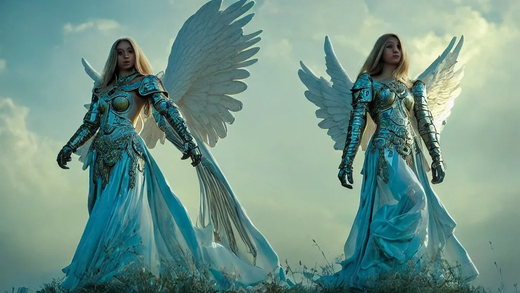 Image similar to angel, big wings, low key light, full plate armor with cloth, f 1 6, bokeh, medium portrait, gentle, female, ornate city ruins, landscape, d & d, fantasy, intricate, elegant, highly detailed, teal white gold color palette, roger deakins, sharp focus, greg rutkowski and alphonse mucha