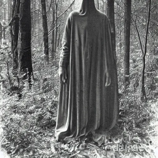 Image similar to scary unproportionally tall ghost creature in the woods, 1910s picture