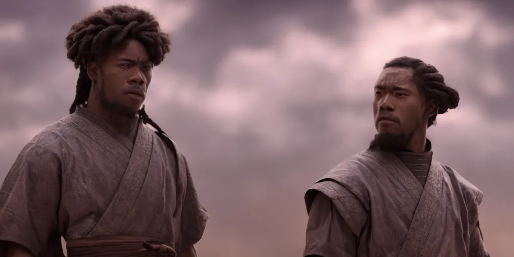 Image similar to a film still of a black man starring in a japanese blockbuster film as an ancient samurai, shallow depth of field, cinematic, award winning cgi, vfx, film still