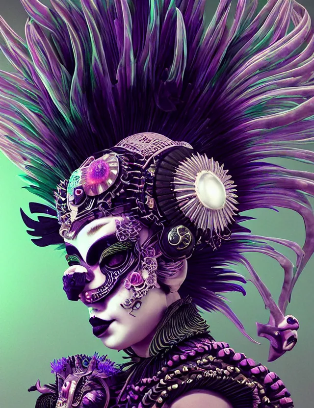 Image similar to 3 d goddess close - up profile portrait punk with mohawk with ram skull. beautiful intricately detailed japanese crow kitsune mask and clasical japanese kimono. betta fish, jellyfish phoenix, bio luminescent, plasma, ice, water, wind, creature, artwork by tooth wu and wlop and beeple and greg rutkowski