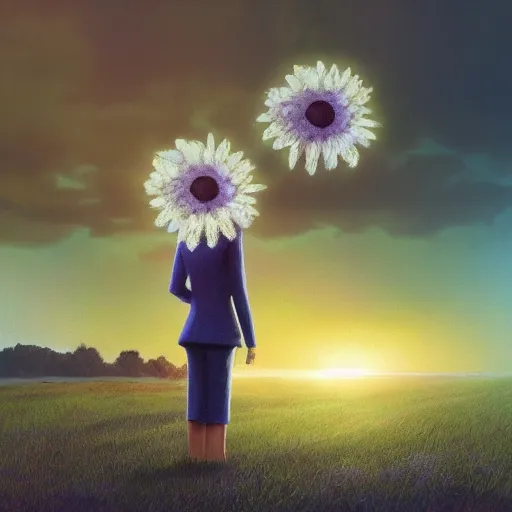 Prompt: giant daisy flower under head, standing frontal, a girl in a suit, surreal photography, sunrise, dramatic light, impressionist painting, digital painting, artstation, simon stalenhag